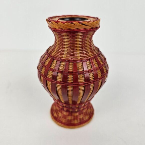 Shanghai Handicrafts Miniature Vase Woven Wicker Rattan‎ Bamboo Basket Vtg Label - Picture 3 of 9